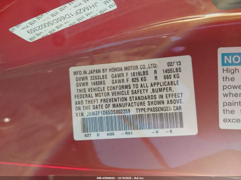 2013 Honda Cr-Z Ex VIN: JHMZF1D65DS002359 Lot: 43980820