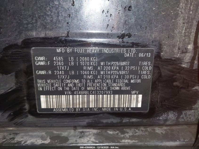 2014 Subaru Outback 2.5I Limited VIN: 4S4BRBLC4E3207993 Lot: 43980824