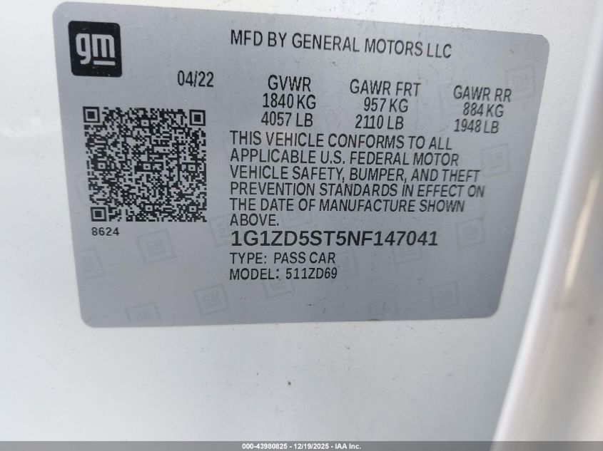 2022 Chevrolet Malibu Fwd Lt VIN: 1G1ZD5ST5NF147041 Lot: 43980825