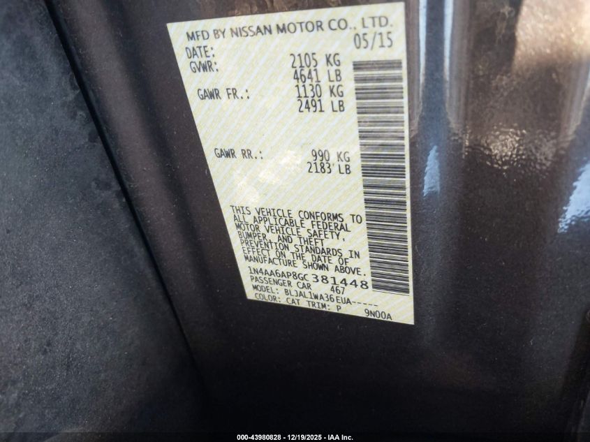 2016 Nissan Maxima 3.5 Sr VIN: 1N4AA6AP8GC381448 Lot: 43980828