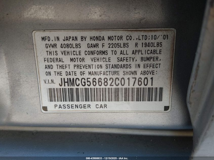2002 Honda Accord 2.3 Ex VIN: JHMCG56682C017601 Lot: 43980833