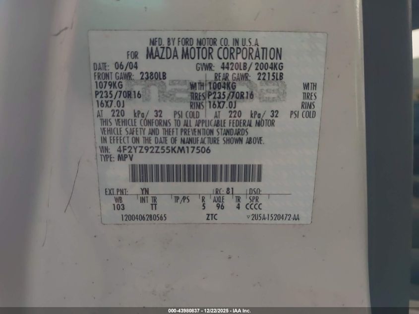 2005 Mazda Tribute I VIN: 4F2YZ92Z55KM17506 Lot: 43980837