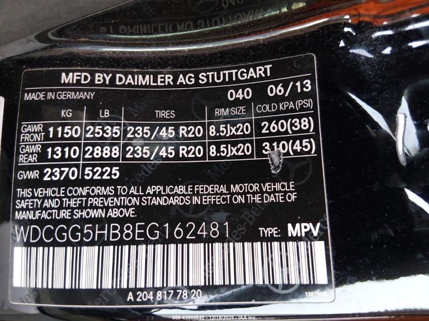 2014 Mercedes-Benz Glk 350 VIN: WDCGG5HB8EG162481 Lot: 43980840