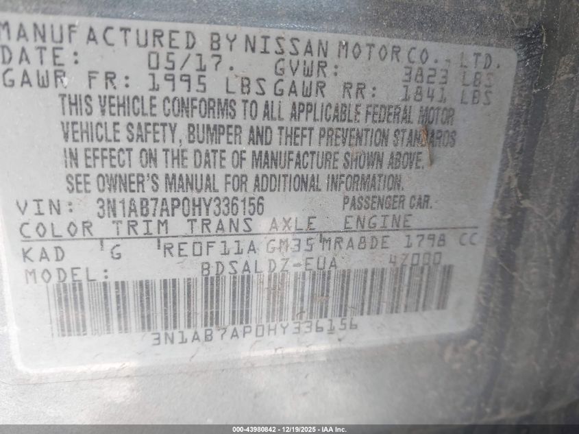 2017 Nissan Sentra Sv VIN: 3N1AB7AP0HY336156 Lot: 43980842