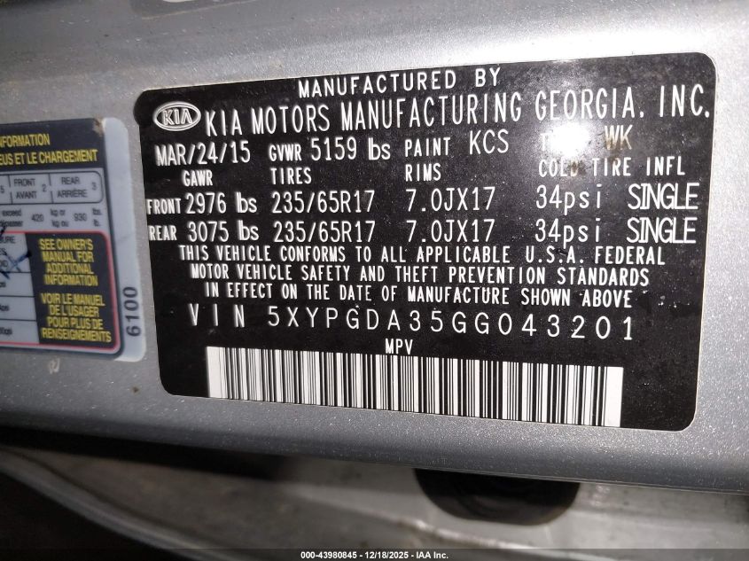 2016 Kia Sorento 2.4L Lx VIN: 5XYPGDA35GG043201 Lot: 43980845