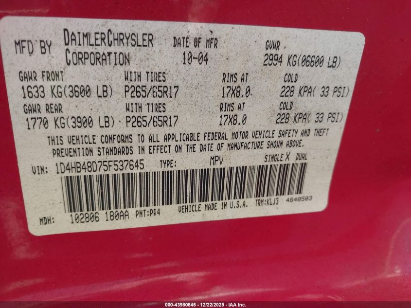 2005 Dodge Durango Slt VIN: 1D4HB48D75F537645 Lot: 43980846