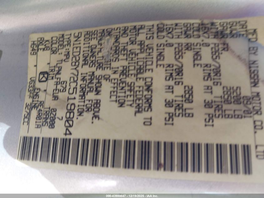 2002 Nissan Xterra Se VIN: 5N1ED28Y72C519804 Lot: 43980847