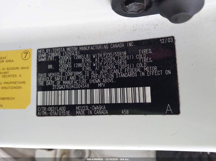 2004 Lexus Rx 330 VIN: 2T2GA31U34C004548 Lot: 43980855