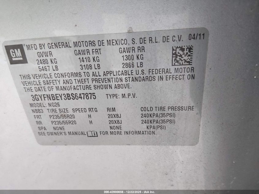 2011 Cadillac Srx Performance Collection VIN: 3GYFNBEY3BS647875 Lot: 43980856