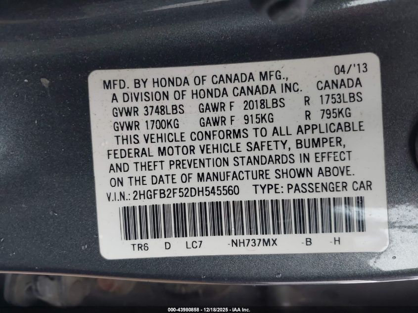 2013 Honda Civic Lx VIN: 2HGFB2F52DH545560 Lot: 43980858