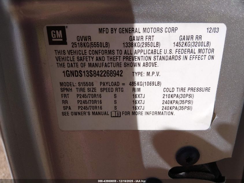 2004 Chevrolet Trailblazer Lt VIN: 1GNDS13S842268942 Lot: 43980859