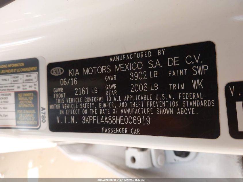 2017 Kia Forte Ex VIN: 3KPFL4A88HE006919 Lot: 43980860