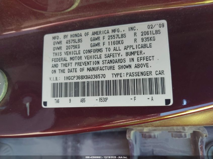 2009 Honda Accord 3.5 Ex-L VIN: 1HGCP368X9A036570 Lot: 43980861