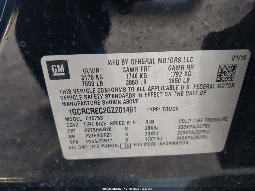 2016 Chevrolet Silverado 1500 1Lt VIN: 1GCRCREC2GZ201491 Lot: 43980862