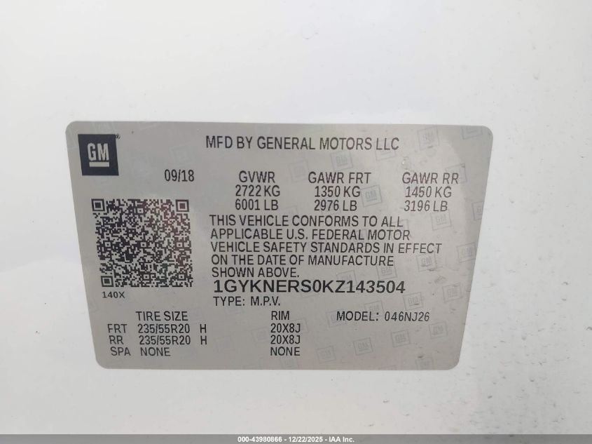 2019 Cadillac Xt5 Premium Luxury VIN: 1GYKNERS0KZ143504 Lot: 43980866