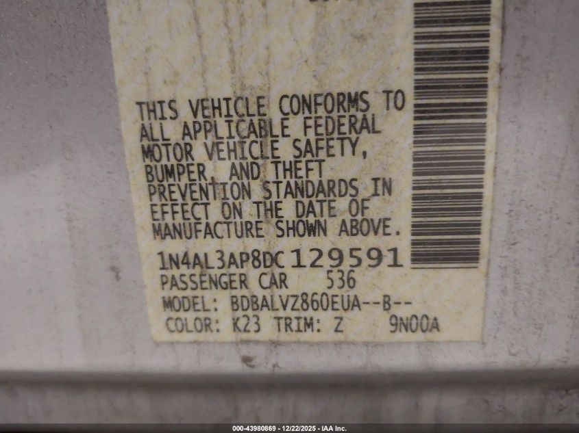 2013 Nissan Altima 2.5 Sl VIN: 1N4AL3AP8DC129591 Lot: 43980869