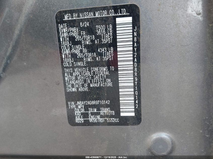 2024 Nissan Armada Sv 4Wd VIN: JN8AY2AD8R9710142 Lot: 43980871