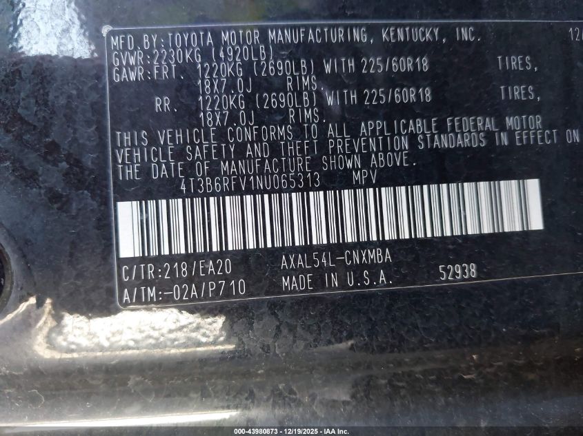 2022 Toyota Rav4 Hybrid Xle Premium VIN: 4T3B6RFV1NU065313 Lot: 43980873