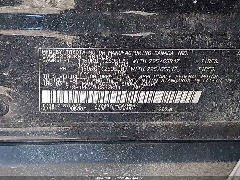 2025 Toyota Rav4 Xle VIN: 2T3P1RFV7SC537631 Lot: 43980878