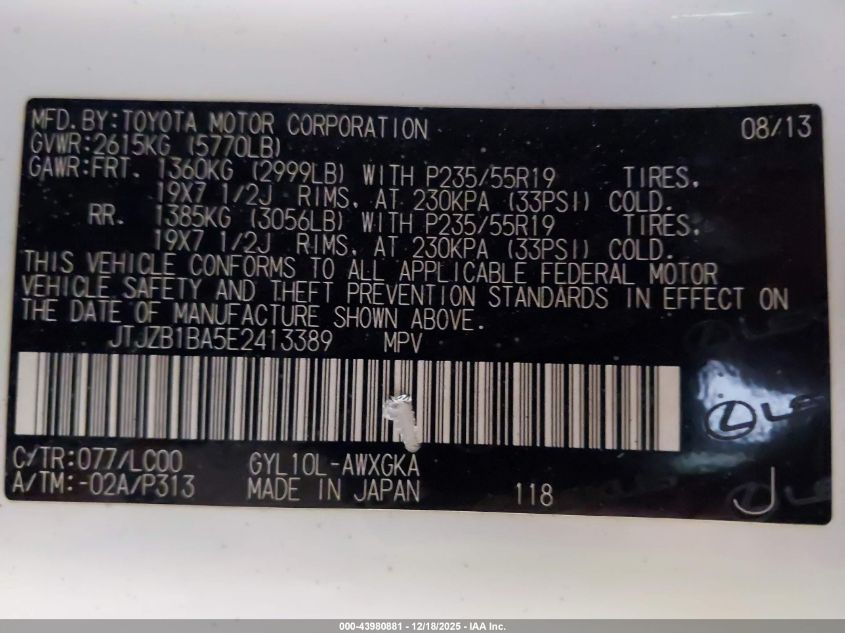 2014 Lexus Rx 450H VIN: JTJZB1BA5E2413389 Lot: 43980881