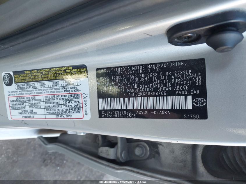 2006 Toyota Camry Le VIN: 4T1BE32K66U698766 Lot: 43980882