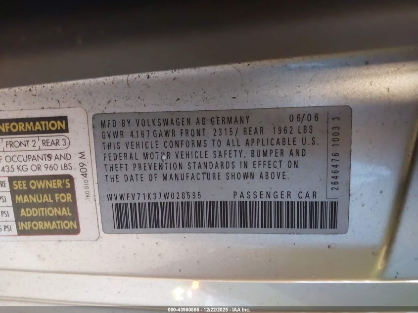 2007 Volkswagen Gti 2-Door VIN: WVWFV71K37W028595 Lot: 43980886