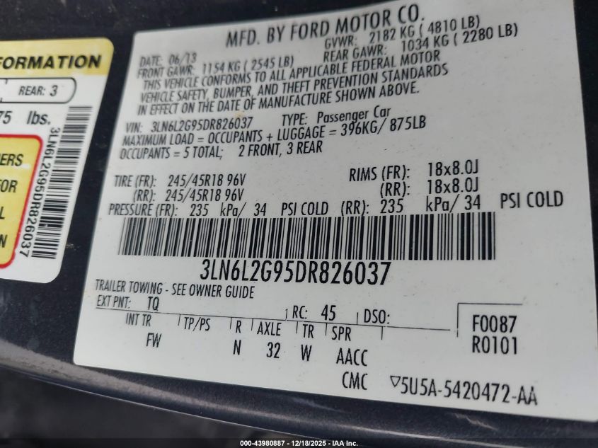 2013 Lincoln Mkz VIN: 3LN6L2G95DR826037 Lot: 43980887