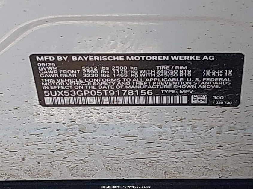 2026 BMW X3 30 xDrive VIN: 5UX53GP05T9178156 Lot: 43980893