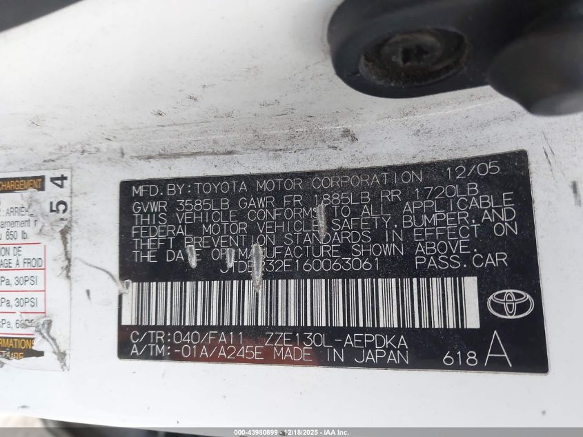 2006 Toyota Corolla Ce VIN: JTDBR32E160063061 Lot: 43980899