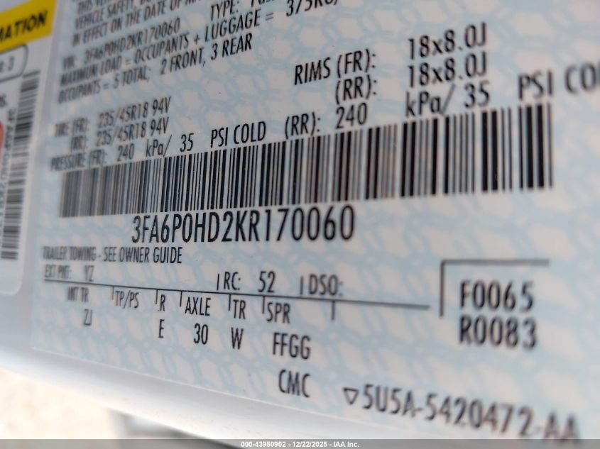 2019 Ford Fusion Se VIN: 3FA6P0HD2KR170060 Lot: 43980902