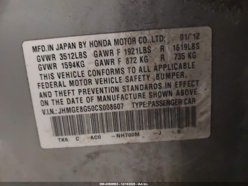 2012 Honda Fit Sport VIN: JHMGE8G50CS008607 Lot: 43980903