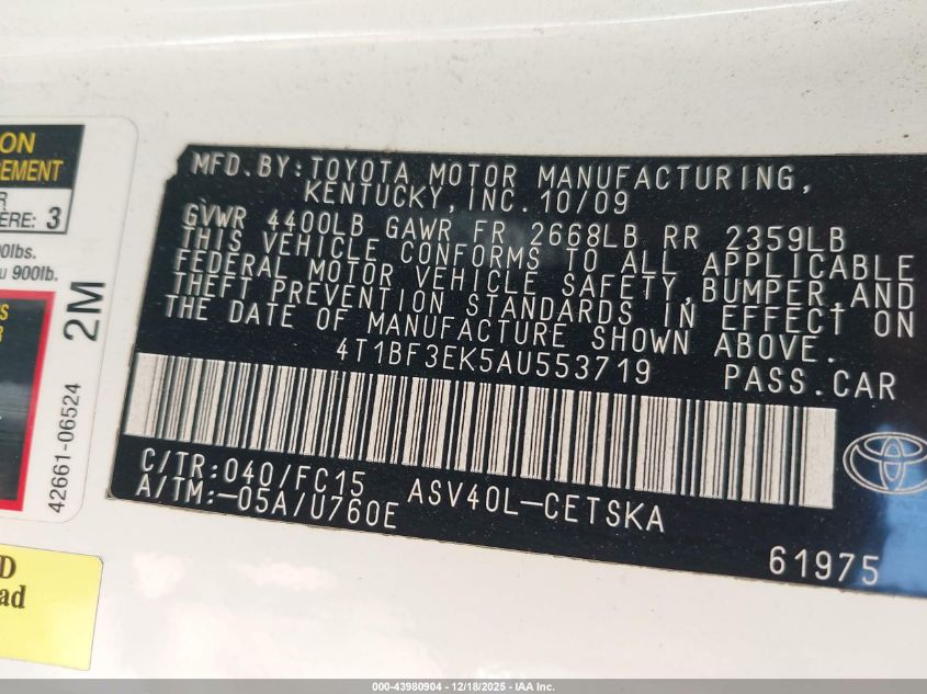 2010 Toyota Camry Se VIN: 4T1BF3EK5AU553719 Lot: 43980904
