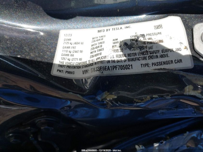 2023 Tesla Model 3 Rear-Wheel Drive VIN: 5YJ3E1EA1PF705021 Lot: 43980905