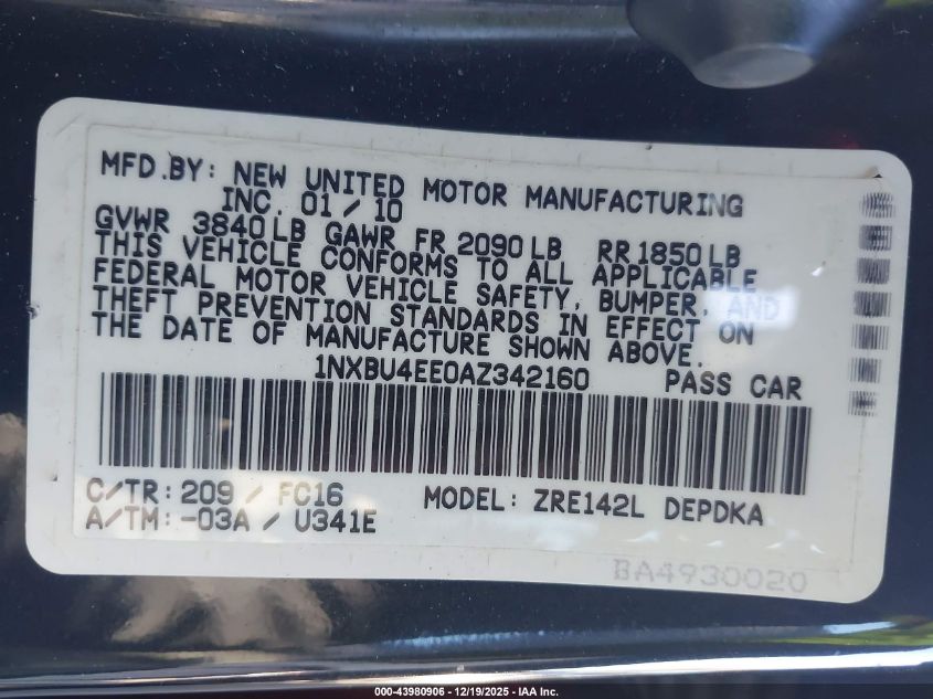 2010 Toyota Corolla Le VIN: 1NXBU4EE0AZ342160 Lot: 43980906