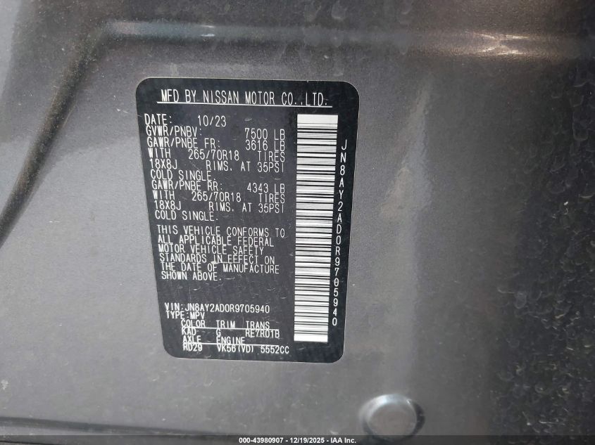 2024 Nissan Armada Sv 4Wd VIN: JN8AY2AD0R9705940 Lot: 43980907