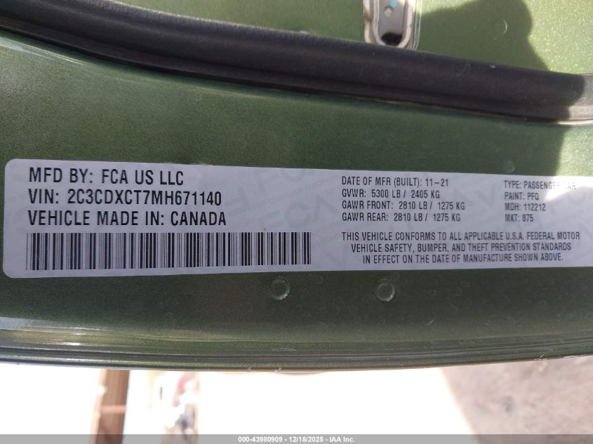 2021 Dodge Charger R/T Rwd VIN: 2C3CDXCT7MH671140 Lot: 43980909