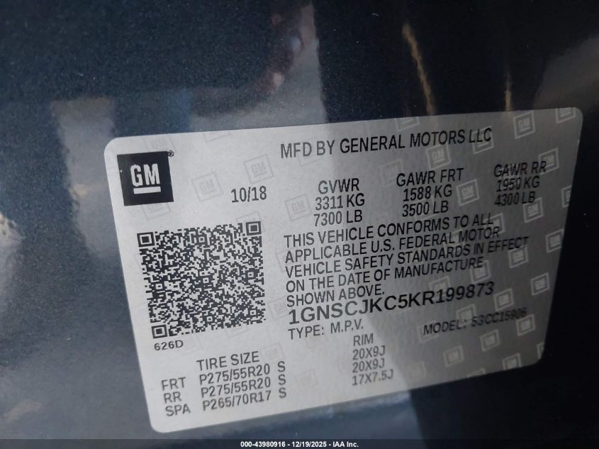 2019 Chevrolet Suburban Premier VIN: 1GNSCJKC5KR199873 Lot: 43980916
