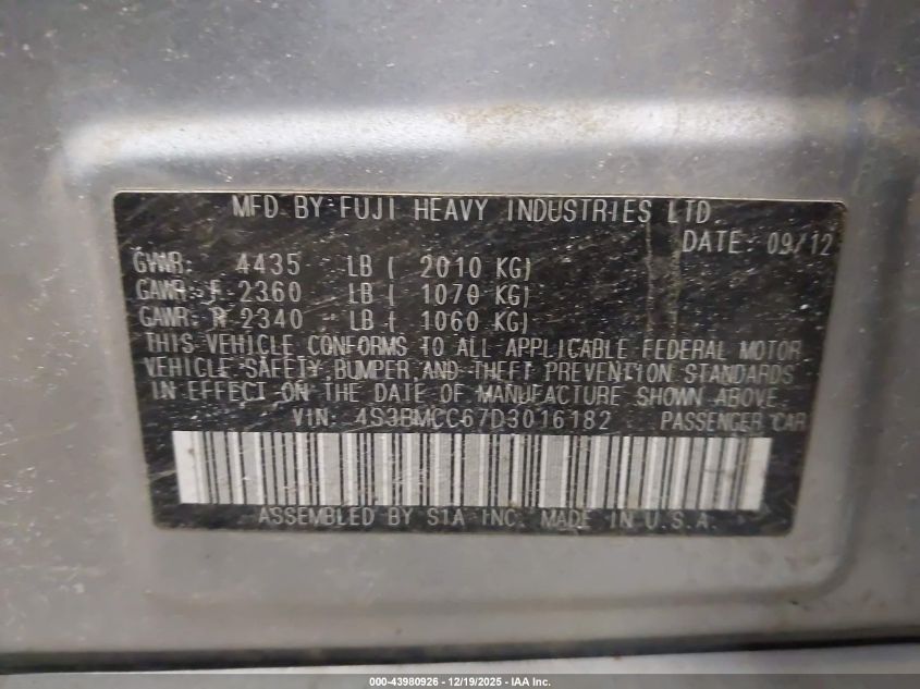 2013 Subaru Legacy 2.5I Premium VIN: 4S3BMCC67D3016182 Lot: 43980926