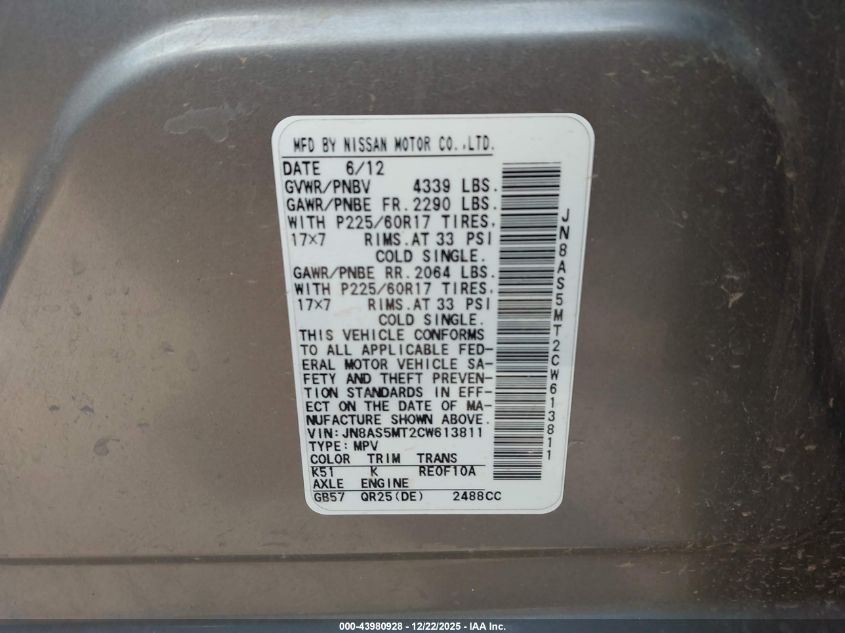 2012 Nissan Rogue Sv VIN: JN8AS5MT2CW613811 Lot: 43980928