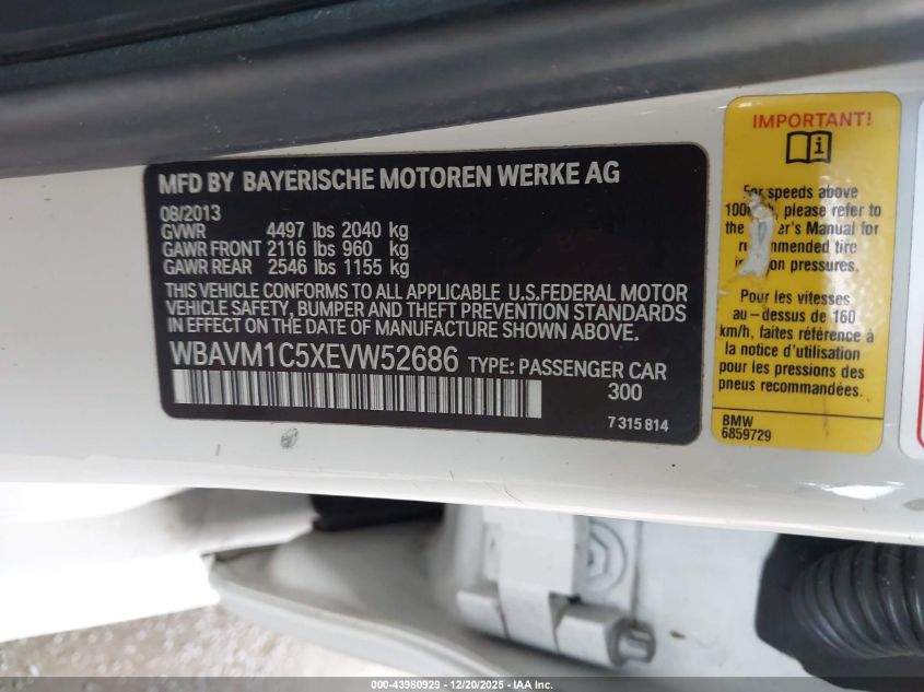 2014 BMW X1 Sdrive28I VIN: WBAVM1C5XEVW52686 Lot: 43980929