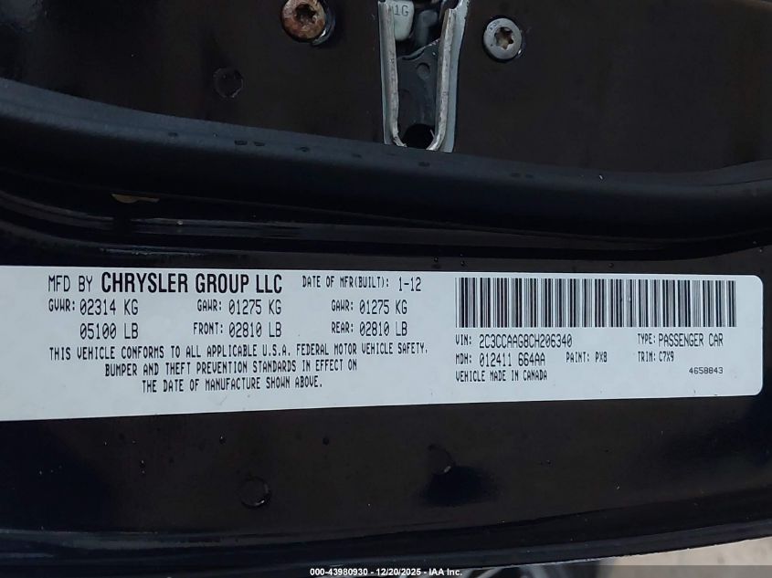 2012 Chrysler 300 VIN: 2C3CCAAG8CH206340 Lot: 43980930