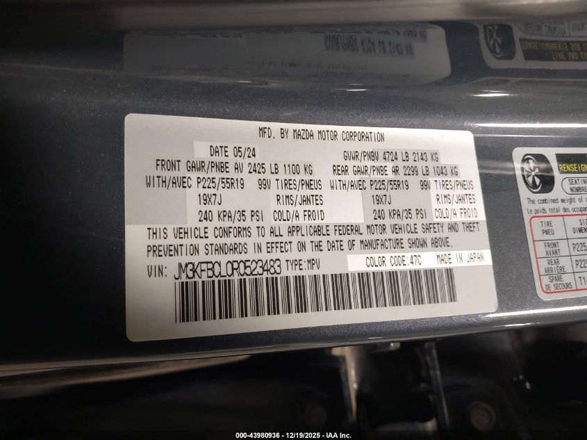 2024 Mazda Cx-5 2.5 S Carbon Edition VIN: JM3KFBCL0R0523483 Lot: 43980936