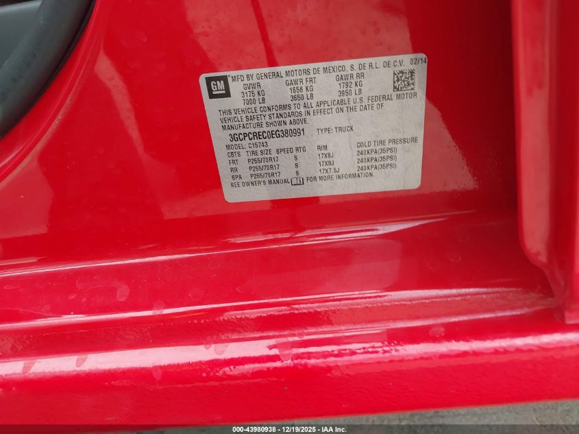 2014 Chevrolet Silverado 1500 1Lt VIN: 3GCPCREC0EG380991 Lot: 43980938