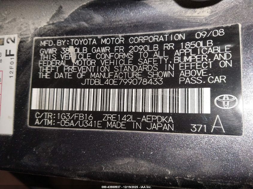 2009 Toyota Corolla Le VIN: JTDBL40E799078433 Lot: 43980937