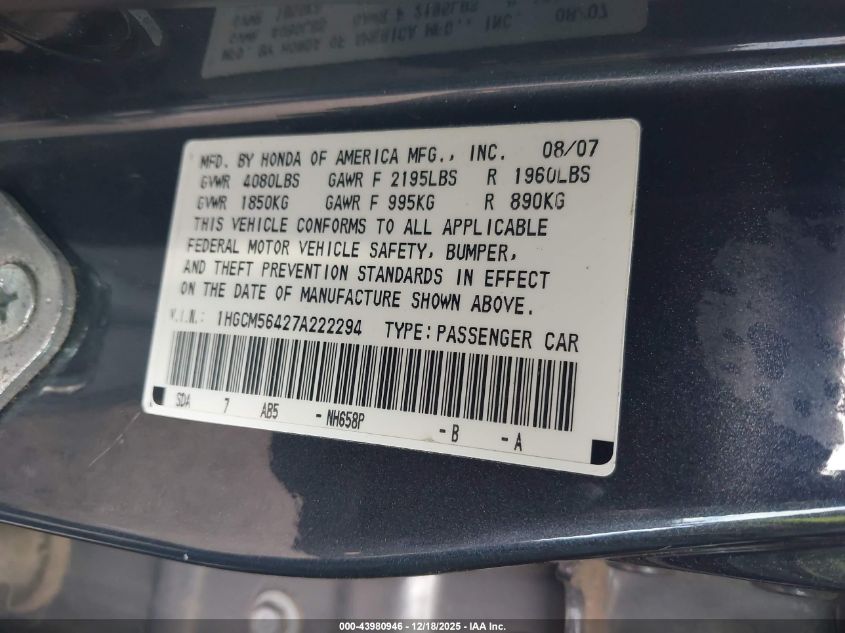 2007 Honda Accord 2.4 Lx VIN: 1HGCM56427A222294 Lot: 43980946
