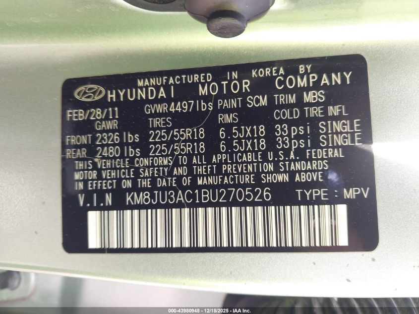 2011 Hyundai Tucson Limited VIN: KM8JU3AC1BU270526 Lot: 43980948