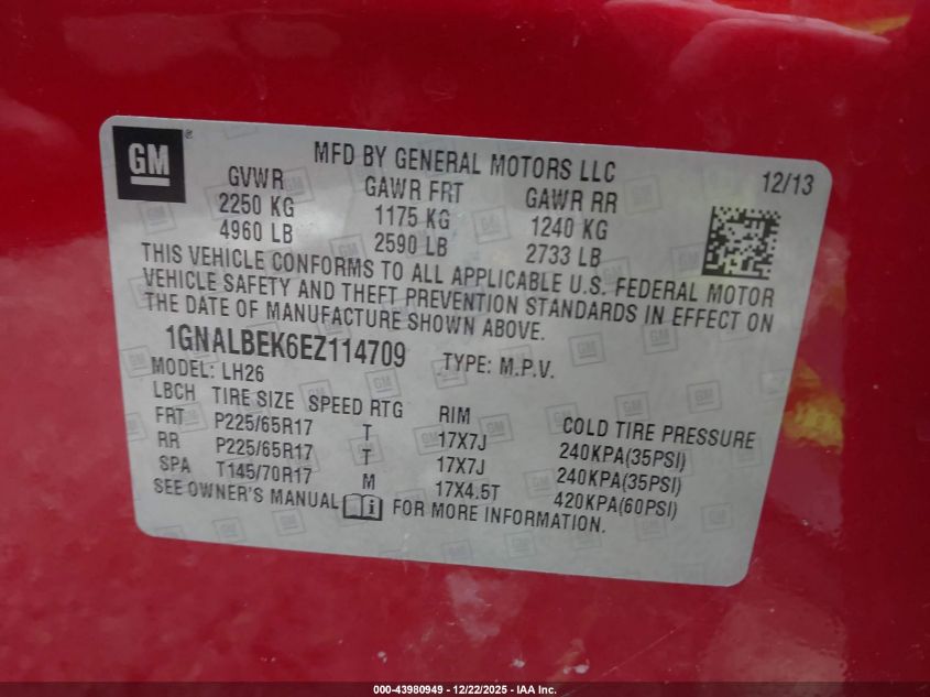 2014 Chevrolet Equinox 1Lt VIN: 1GNALBEK6EZ114709 Lot: 43980949