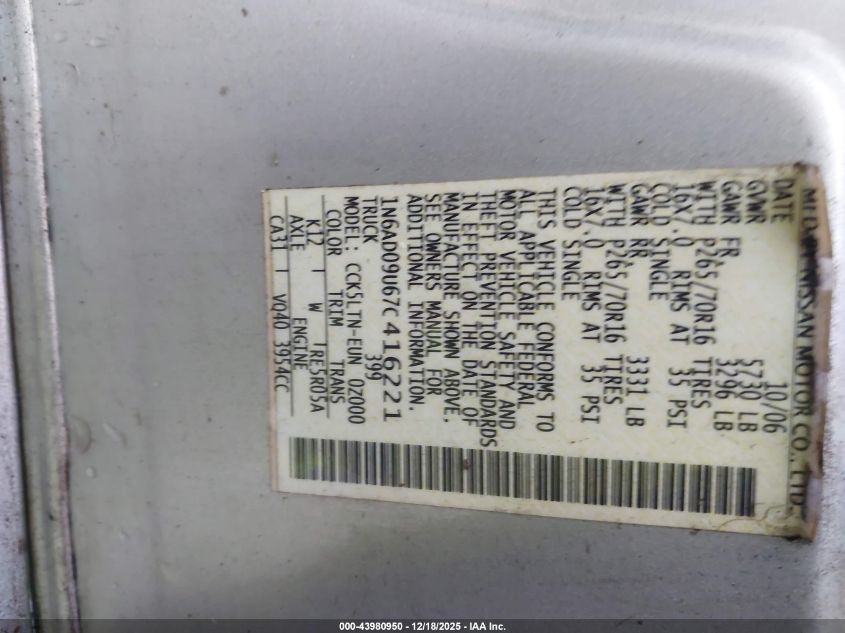 2007 Nissan Frontier Se VIN: 1N6AD09U67C416221 Lot: 43980950