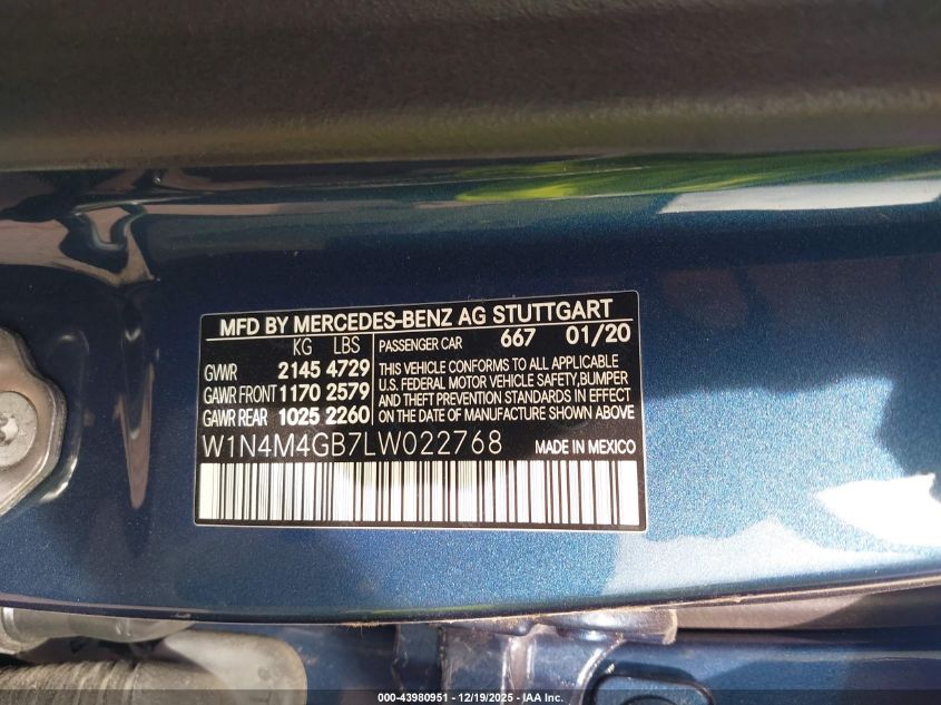 2020 Mercedes-Benz Glb 250 VIN: W1N4M4GB7LW022768 Lot: 43980951