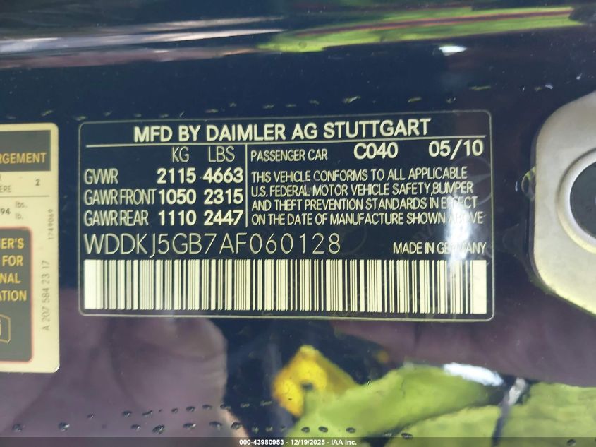 2010 Mercedes-Benz E 350 VIN: WDDKJ5GB7AF060128 Lot: 43980953